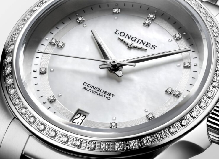 LONGINES コンクエスト 34mm ホワイト マザーオブパール文字盤 ステンレススティール ダイヤモンド ブレスレット 自動巻き L3.430.0.87.6