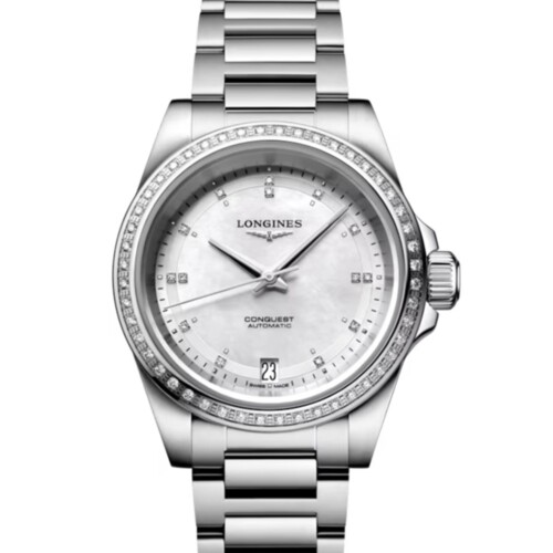 コンクエスト 34mm ホワイト マザーオブパール文字盤 ステンレススティール ダイヤモンド ブレスレット 自動巻き
