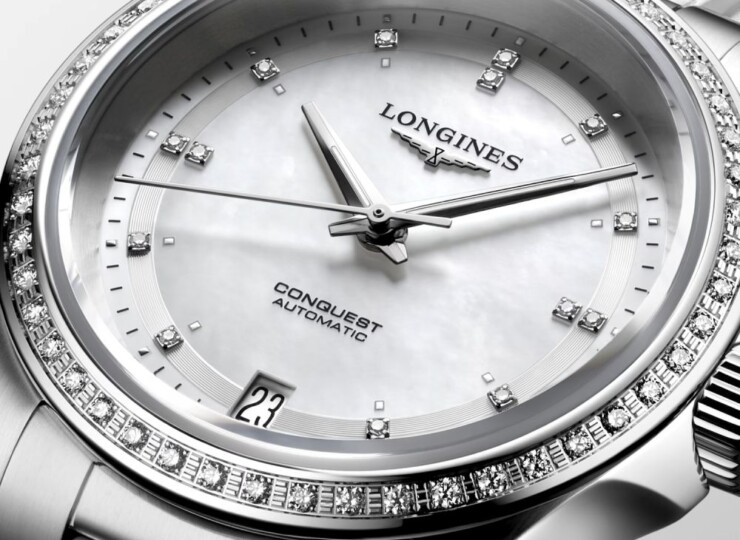 LONGINES コンクエスト 34mm ホワイト マザーオブパール文字盤 ステンレススティール ダイヤモンド ラバーストラップ L3.430.0.87.9