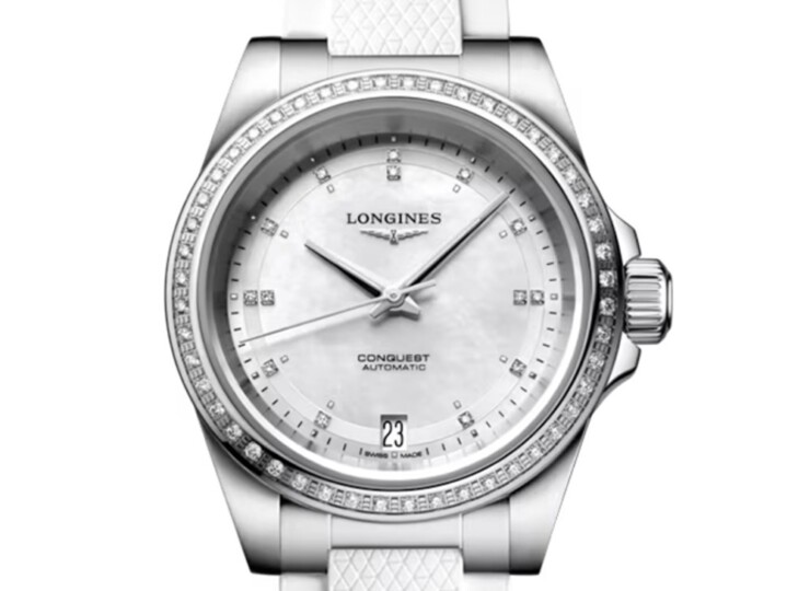 LONGINES コンクエスト 34mm ホワイト マザーオブパール文字盤 ステンレススティール ダイヤモンド ラバーストラップ L3.430.0.87.9