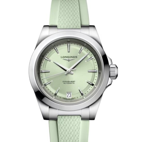 コンクエスト 34mm サンレイグリーン文字盤 ステンレススティール ラバーストラップ