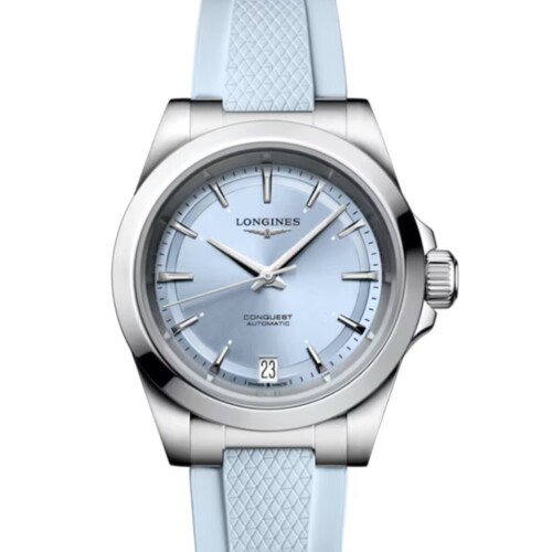 コンクエスト 34mm ブルー「サンレイ」文字盤 ステンレススティール ラバーストラップ