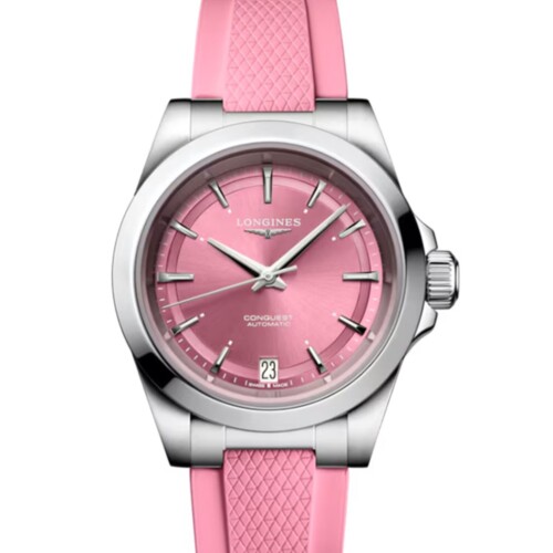 コンクエスト 34mm サンレイピンク文字盤 ステンレススティール ラバーストラップ