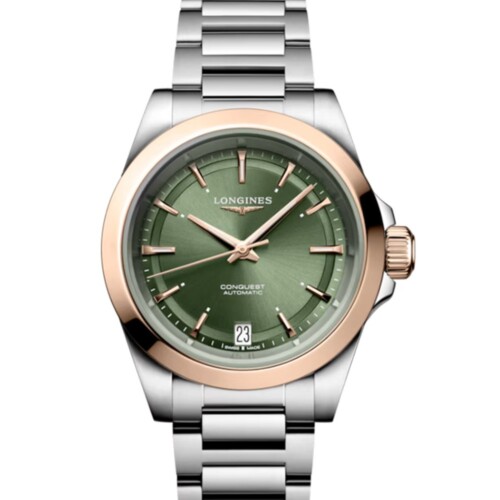 コンクエスト 34mm サンレイグリーン文字盤 ステンレススチール＆18KローズゴールドGC200 ブレスレット