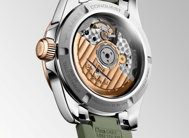 LONGINES コンクエスト 34mm サンレイグリーン文字盤 ステンレススチール＆18KローズゴールドGC200 ラバーストラップ L3.430.5.02.9