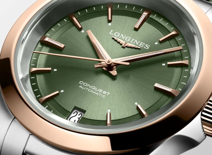 LONGINES コンクエスト 34mm サンレイグリーン文字盤 ステンレススチール＆18KローズゴールドGC200 ラバーストラップ L3.430.5.02.9