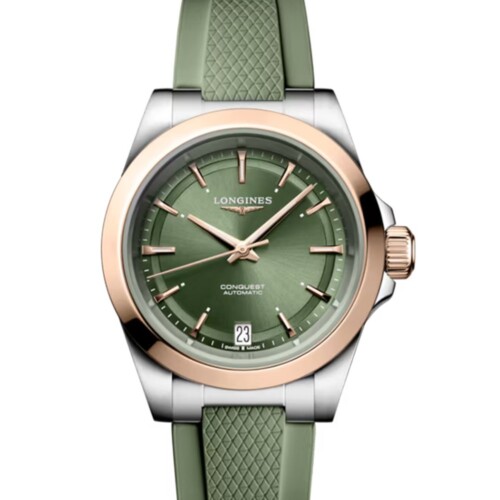 コンクエスト 34mm サンレイグリーン文字盤 ステンレススチール＆18KローズゴールドGC200 ラバーストラップ