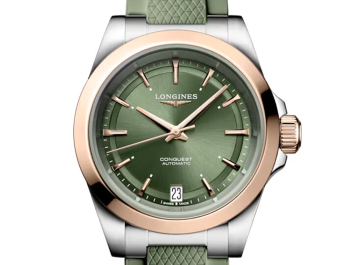 LONGINES コンクエスト 34mm サンレイグリーン文字盤 ステンレススチール＆18KローズゴールドGC200 ラバーストラップ L3.430.5.02.9