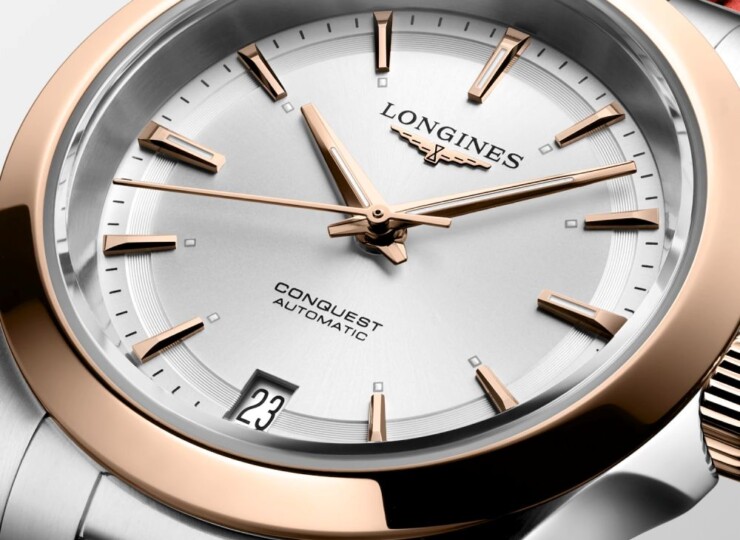 LONGINES コンクエスト 34mm シルバー「サンレイ」文字盤 ステンレススチール＆18KローズゴールドGC200 ラバーストラップ L3.430.5.72.9