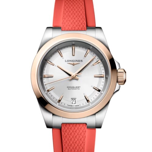 コンクエスト 34mm シルバー「サンレイ」文字盤 ステンレススチール＆18KローズゴールドGC200 ラバーストラップ