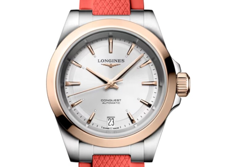 LONGINES コンクエスト 34mm シルバー「サンレイ」文字盤 ステンレススチール＆18KローズゴールドGC200 ラバーストラップ L3.430.5.72.9