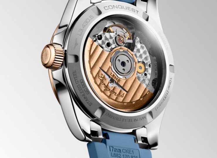 LONGINES コンクエスト 34mm ブルー「サンレイ」文字盤 ステンレススチール＆18KローズゴールドGC200 ラバーストラップ L3.430.5.92.9