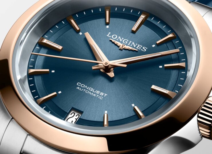 LONGINES コンクエスト 34mm ブルー「サンレイ」文字盤 ステンレススチール＆18KローズゴールドGC200 ラバーストラップ L3.430.5.92.9