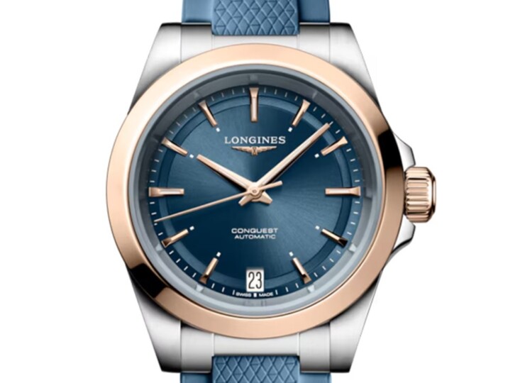LONGINES コンクエスト 34mm ブルー「サンレイ」文字盤 ステンレススチール＆18KローズゴールドGC200 ラバーストラップ L3.430.5.92.9