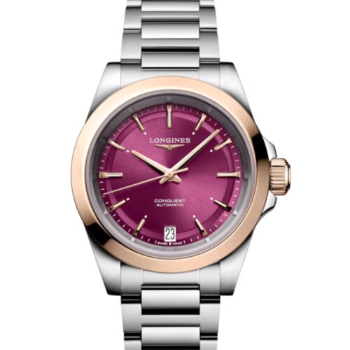 コンクエスト 34mm サンレイ パープル文字盤 ステンレススチール＆18KローズゴールドGC200 ブレスレット