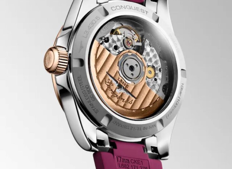 LONGINES コンクエスト 34mm サンレイ パープル文字盤 ステンレススチール＆18KローズゴールドGC200 ラバーストラップ L3.430.5.98.9