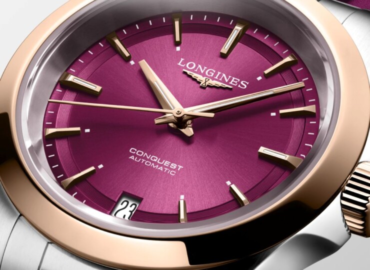 LONGINES コンクエスト 34mm サンレイ パープル文字盤 ステンレススチール＆18KローズゴールドGC200 ラバーストラップ L3.430.5.98.9