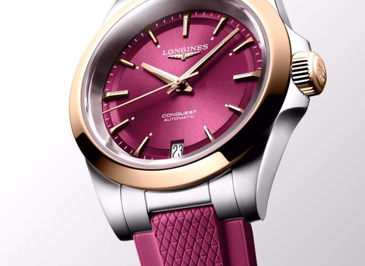 LONGINES コンクエスト 34mm サンレイ パープル文字盤 ステンレススチール＆18KローズゴールドGC200 ラバーストラップ L3.430.5.98.9