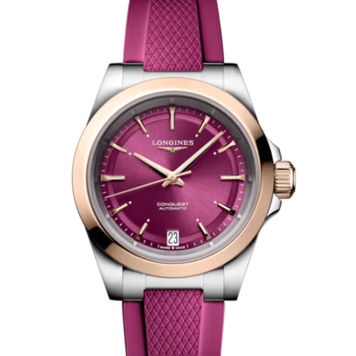 コンクエスト 34mm サンレイ パープル文字盤 ステンレススチール＆18KローズゴールドGC200 ラバーストラップ