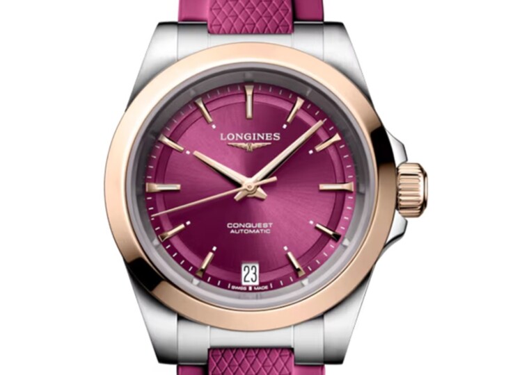 LONGINES コンクエスト 34mm サンレイ パープル文字盤 ステンレススチール＆18KローズゴールドGC200 ラバーストラップ L3.430.5.98.9