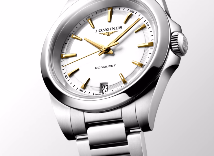 LONGINES コンクエスト 34mm ホワイト サンドブラスト仕上げ文字盤 ステンレススティール ブレスレット ゴールド針 L3.460.4.12.6