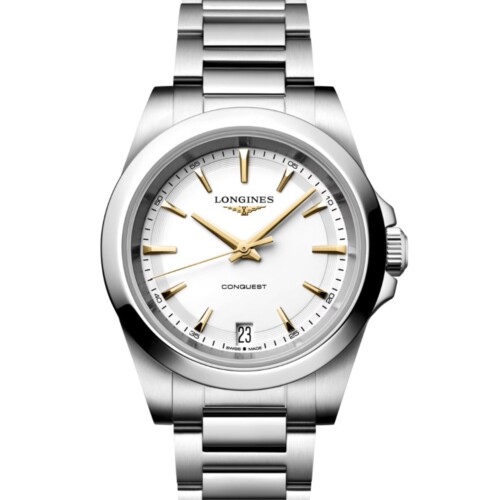 コンクエスト 34mm ホワイト サンドブラスト仕上げ文字盤 ステンレススティール ブレスレット ゴールド針