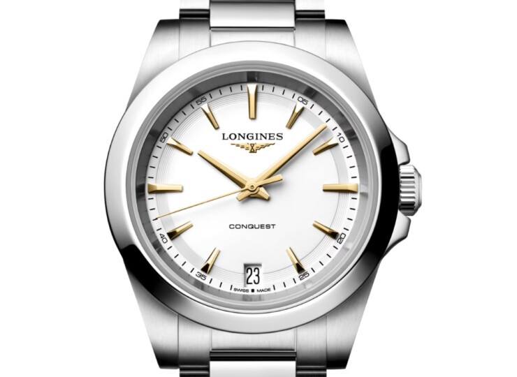 LONGINES コンクエスト 34mm ホワイト サンドブラスト仕上げ文字盤 ステンレススティール ブレスレット ゴールド針 L3.460.4.12.6
