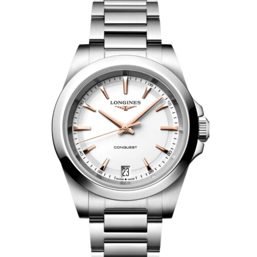 コンクエスト 34mm ホワイト サンドブラスト仕上げ文字盤 ステンレススティール ブレスレット ピンク針