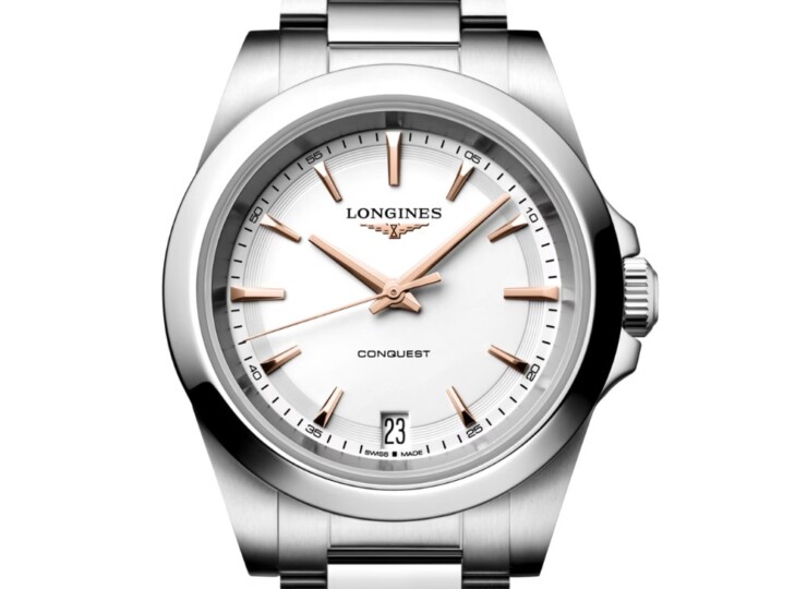 LONGINES コンクエスト 34mm ホワイト サンドブラスト仕上げ文字盤 ステンレススティール ブレスレット ピンク針 L3.460.4.18.6
