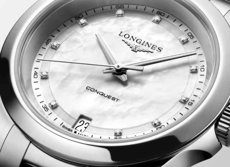 LONGINES コンクエスト 34mm ホワイト マザーオブパール文字盤 ステンレススティール ダイヤモンド ブレスレット クォーツ L3.460.4.87.6