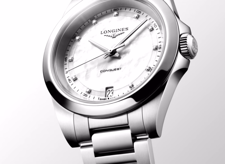 LONGINES コンクエスト 34mm ホワイト マザーオブパール文字盤 ステンレススティール ダイヤモンド ブレスレット クォーツ L3.460.4.87.6
