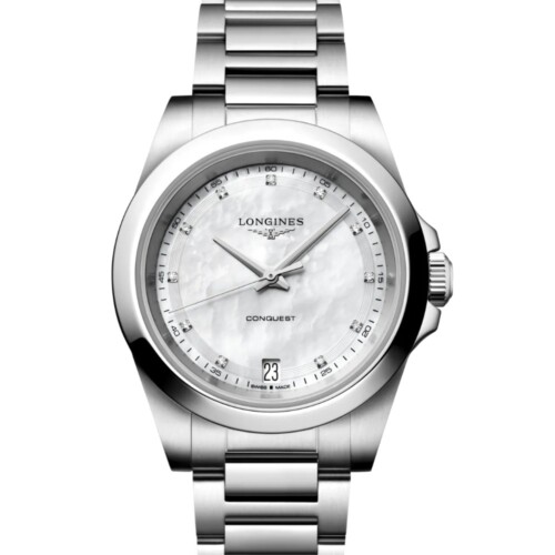 コンクエスト 34mm ホワイト マザーオブパール文字盤 ステンレススティール ダイヤモンド ブレスレット クォーツ