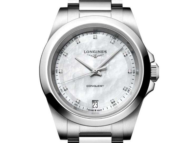 LONGINES コンクエスト 34mm ホワイト マザーオブパール文字盤 ステンレススティール ダイヤモンド ブレスレット クォーツ L3.460.4.87.6