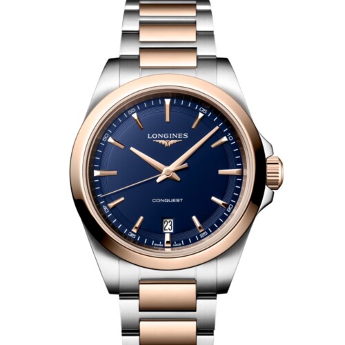 コンクエスト 38mm ブルー サンドブラスト仕上げ文字盤 ステンレススティール＆レッド PVD