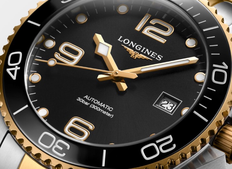 LONGINES ハイドロコンクエスト 41mm ブラック「サンレイ」文字盤 ステンレススティールとセラミック ブレスレット イエローPVD L3.781.3.56.7
