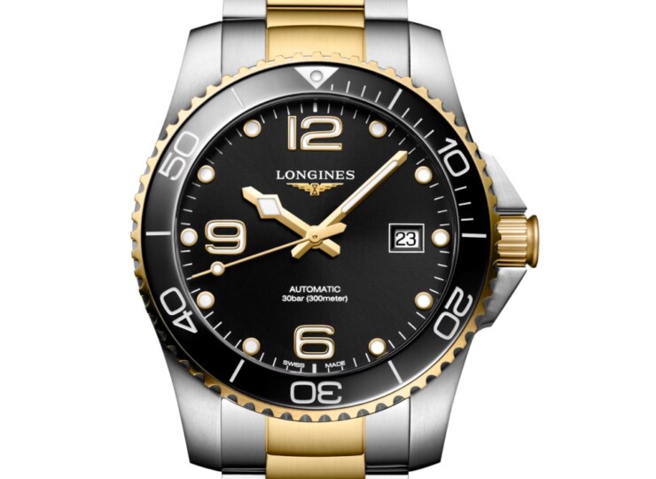 LONGINES ハイドロコンクエスト 41mm ブラック「サンレイ」文字盤 ステンレススティールとセラミック ブレスレット イエローPVD L3.781.3.56.7