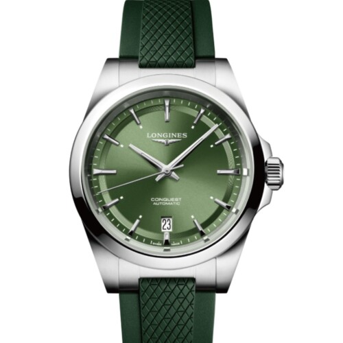 コンクエスト 41mm サンレイグリーン文字盤 ステンレススティール ラバーストラップ