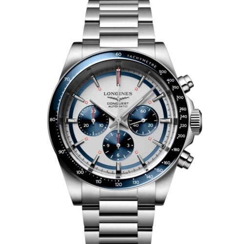 LONGINES コンクエスト クロノグラフ 42mm シルバーマット、ブルーカウンター文字盤 ステンレススティールとセラミック ブレスレット L3.835.4.98.6