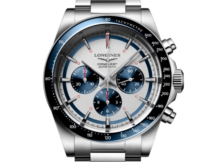 LONGINES コンクエスト クロノグラフ 42mm シルバーマット、ブルーカウンター文字盤 ステンレススティールとセラミック ブレスレット L3.835.4.98.6