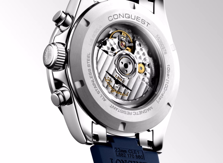 LONGINES コンクエスト クロノグラフ 42mm シルバーマット、ブルーカウンター文字盤 ステンレススティールとセラミック ラバーストラップ L3.835.4.98.9