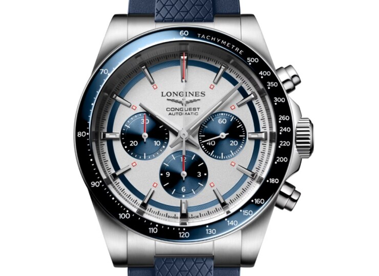 LONGINES コンクエスト クロノグラフ 42mm シルバーマット、ブルーカウンター文字盤 ステンレススティールとセラミック ラバーストラップ L3.835.4.98.9
