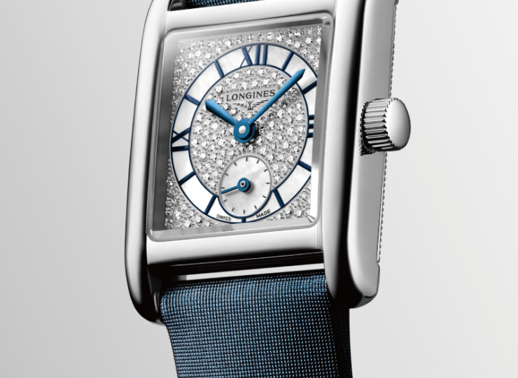 LONGINES ミニ ドルチェヴィータ 21.5×29mm スノーセット&ホワイトマザー・オブ・パール文字盤 ステンレススティール ダイヤモンド レザーストラップ L5.200.4.87.2