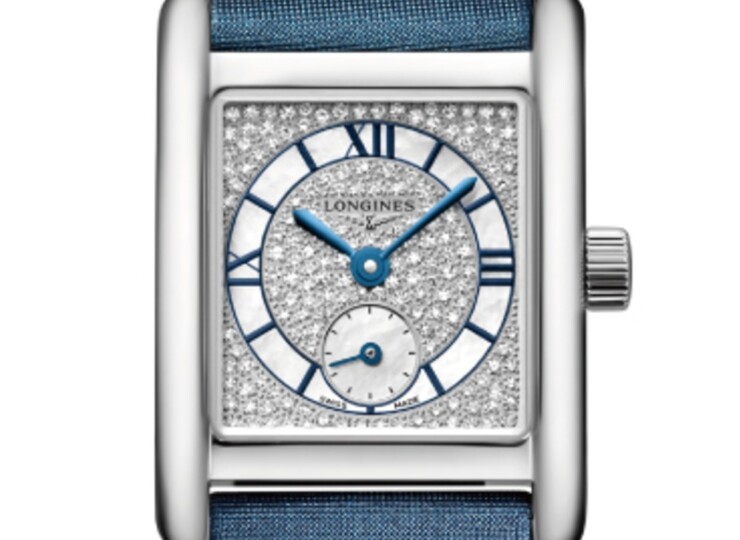LONGINES ミニ ドルチェヴィータ 21.5×29mm スノーセット&ホワイトマザー・オブ・パール文字盤 ステンレススティール ダイヤモンド レザーストラップ L5.200.4.87.2