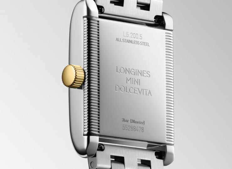 LONGINES ミニ ドルチェヴィータ 21.5×29mm シルバー「フランケ」文字盤 18金イエローゴールドのリューズ付きステンレススチール L5.200.5.70.7