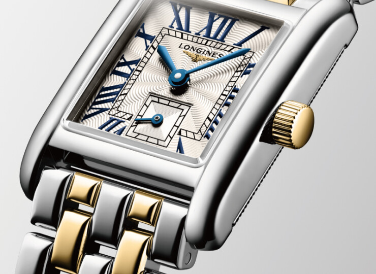 LONGINES ミニ ドルチェヴィータ 21.5×29mm シルバー「フランケ」文字盤 18金イエローゴールドのリューズ付きステンレススチール L5.200.5.70.7