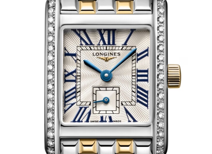 LONGINES ミニ ドルチェヴィータ 21.5×29mm シルバー「フランケ」文字盤 18金イエローゴールドのリューズ付きステンレススチール ダイヤモンド L5.200.5.78.7