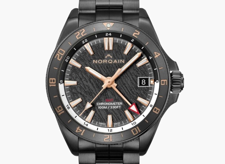 NORQAIN Adventure NEVEREST GMT Glacier 41mm ブラック文字盤 DLC加工のステンレススチールブレスレット N1100.22B02.B01.B01