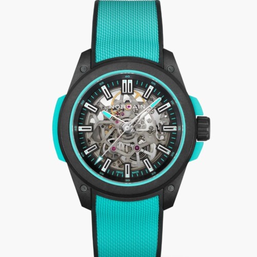 NORQAIN Wild ONE Skeleton 42mm ブラック スケルトン文字盤 ターコイズミラネーゼデザインの一体型ラバーストラップ ピンバックル N3000.07Q27.B07.R01