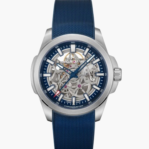 NORQAIN Independence Skeleton 42mm ブルー スケルトン文字盤 ブルーミラネーゼデザインの一体型ラバーストラップ N3000.07S01.A01.R01