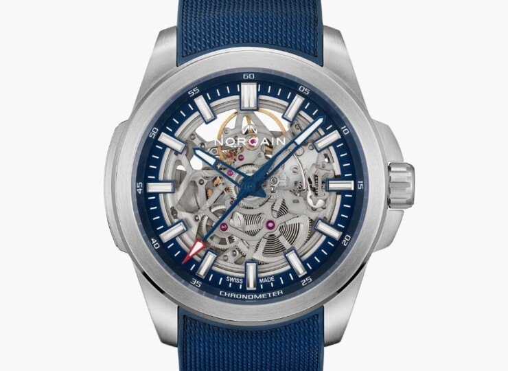NORQAIN Independence Skeleton 42mm ブルー スケルトン文字盤 ブルーミラネーゼデザインの一体型ラバーストラップ N3000.07S01.A01.R01